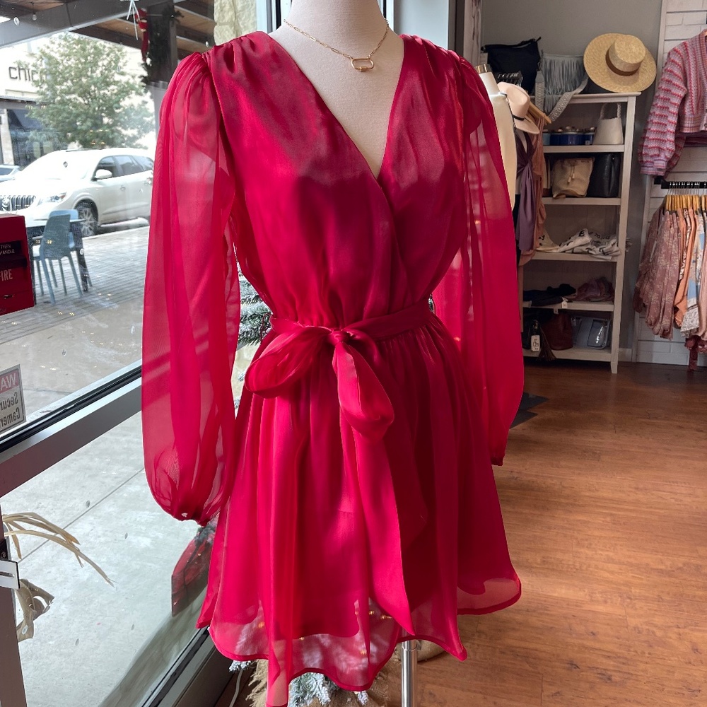 Vibrant Red Faux Wrap Organza Dress